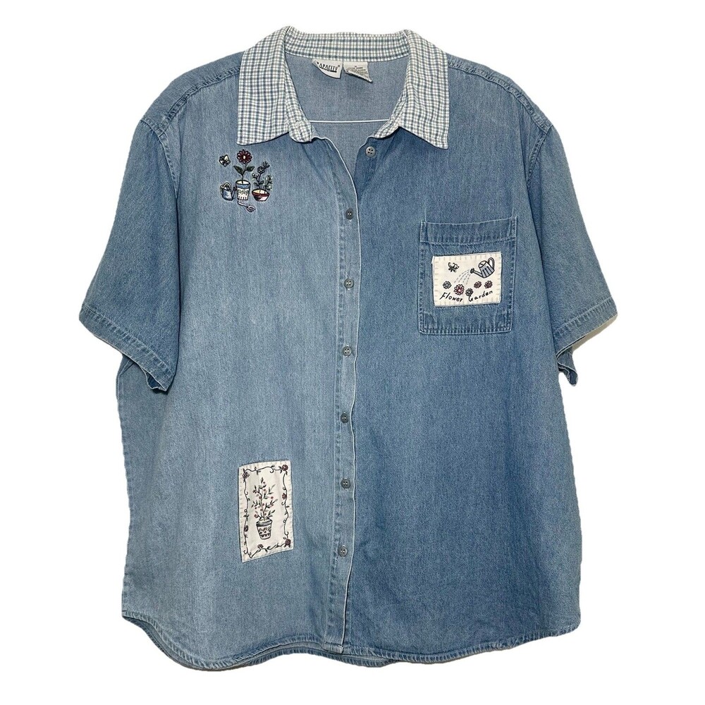 Capacity Woman 3X Denim Shirt Embroidered Flower Garden Gingham Collar